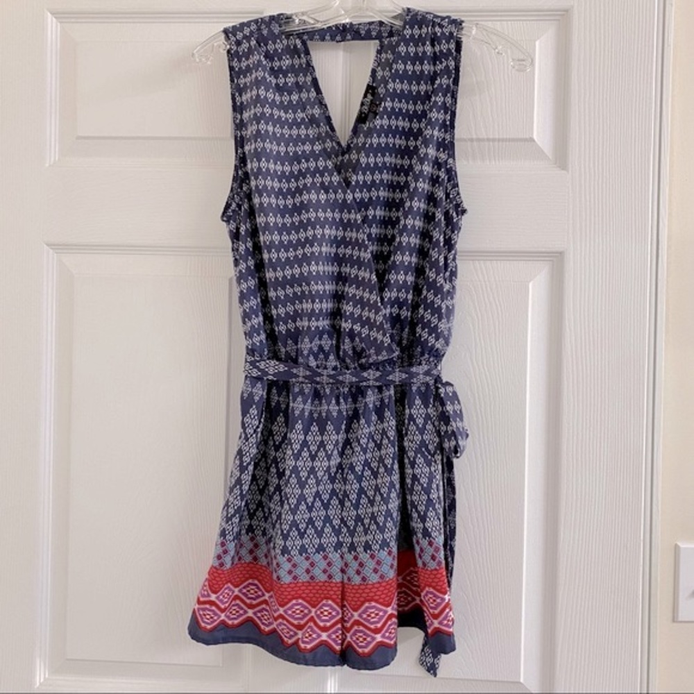 Southwest Print Wrap Look Navy Blue Colorful Trim Silky Feel Romper Shorts Sz L